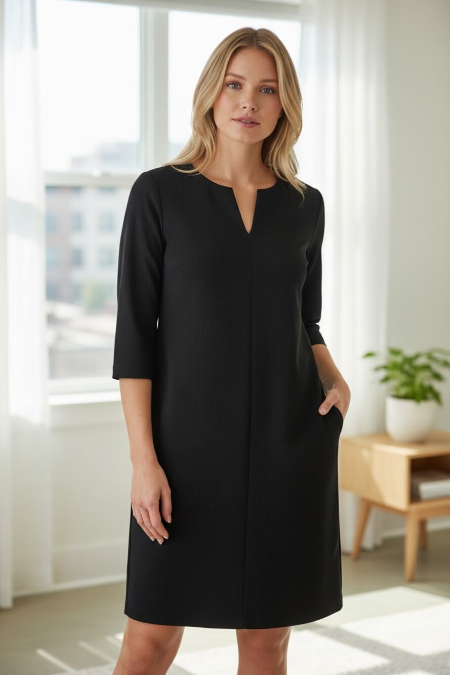LANDS END Dress Size 14 Classic Black Thick Knit V Neck 1/2 Sleeve